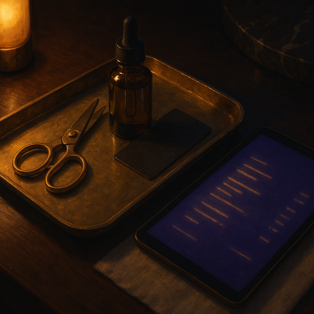 Service tray beside glowing tablet receipt