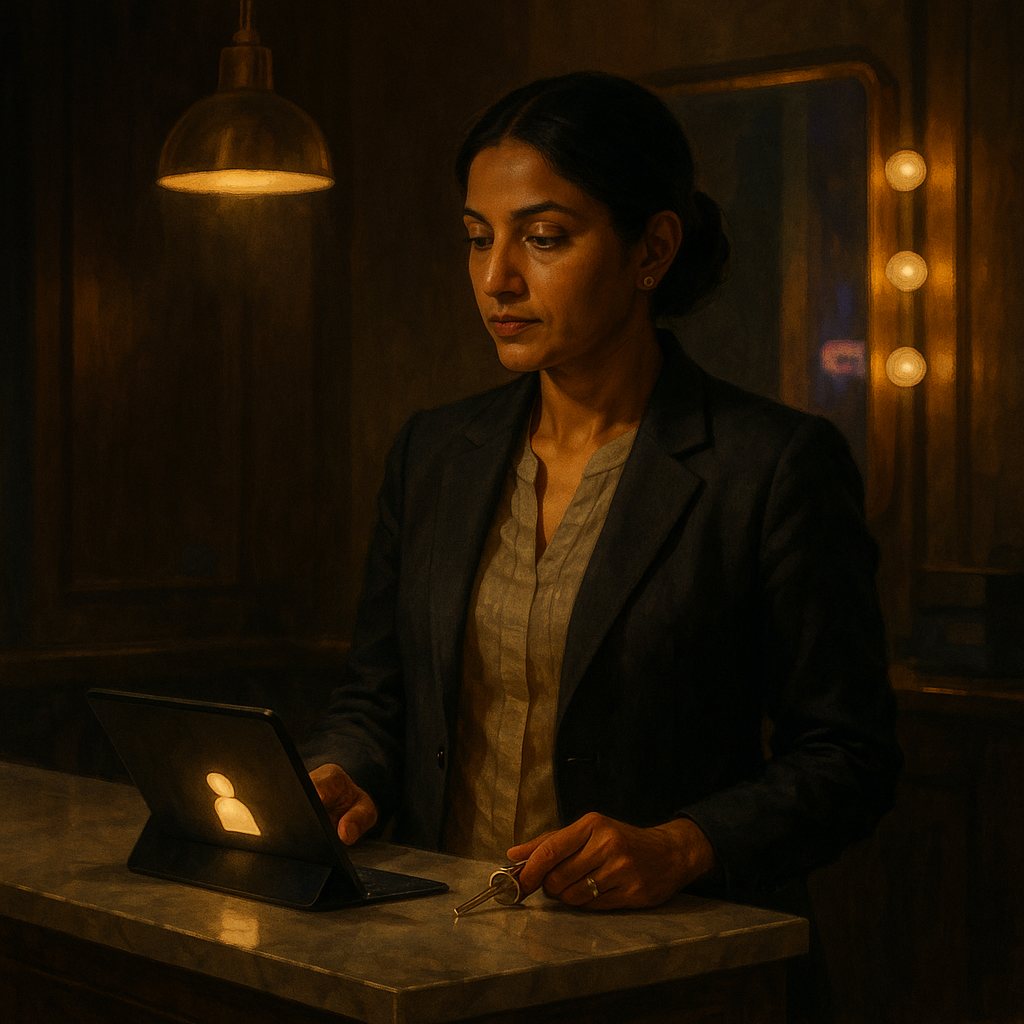 Owner reviewing day's close on tablet