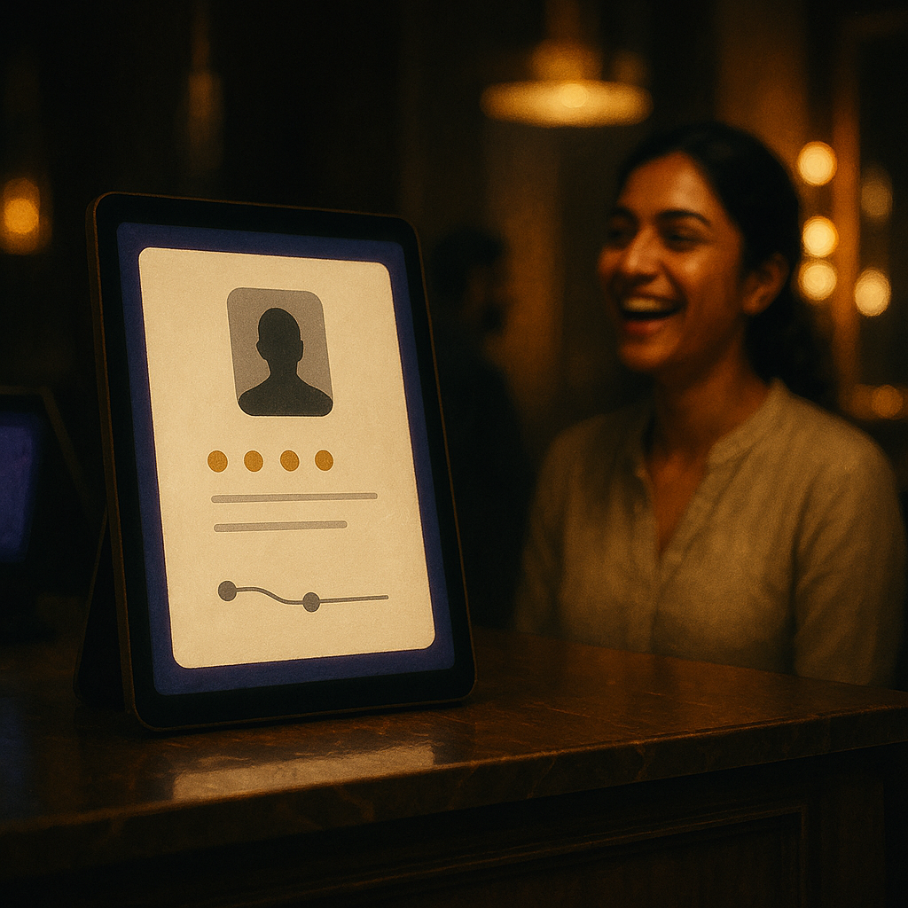 Guest card on tablet with guest laughing beyond