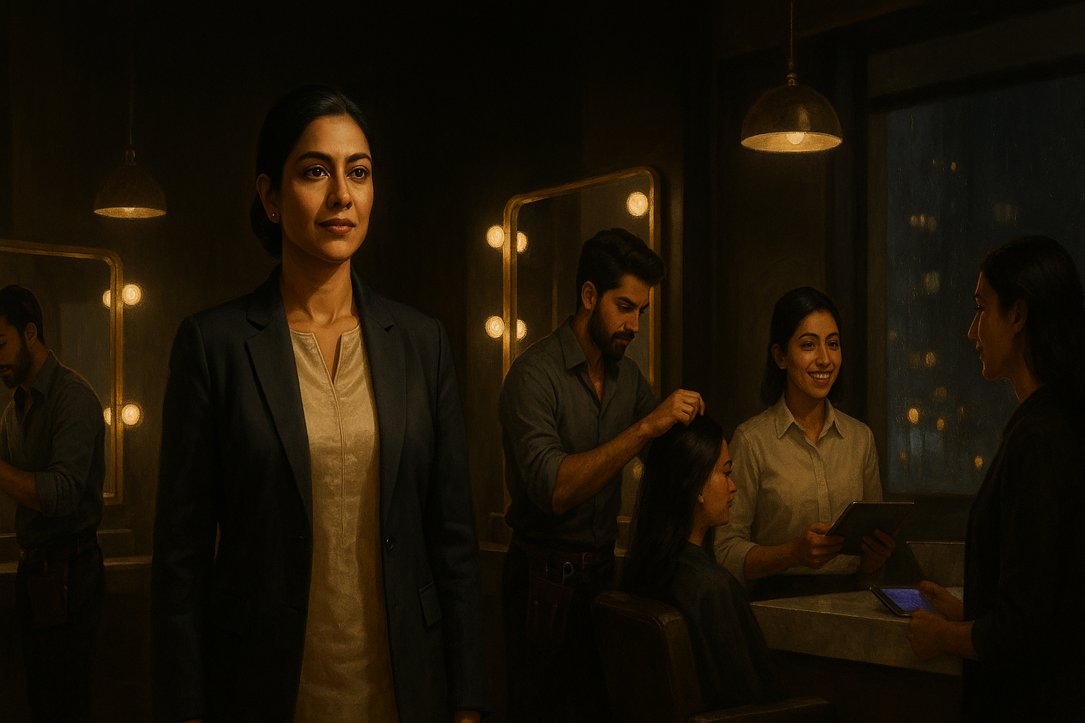 A warm, golden-lit Indian salon at evening