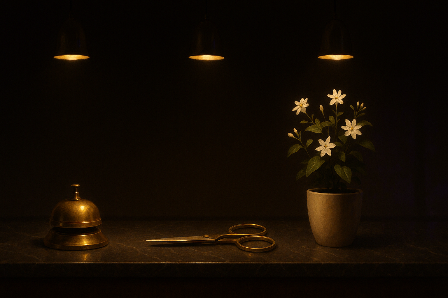 Three elegant objects on dark marble under gold light